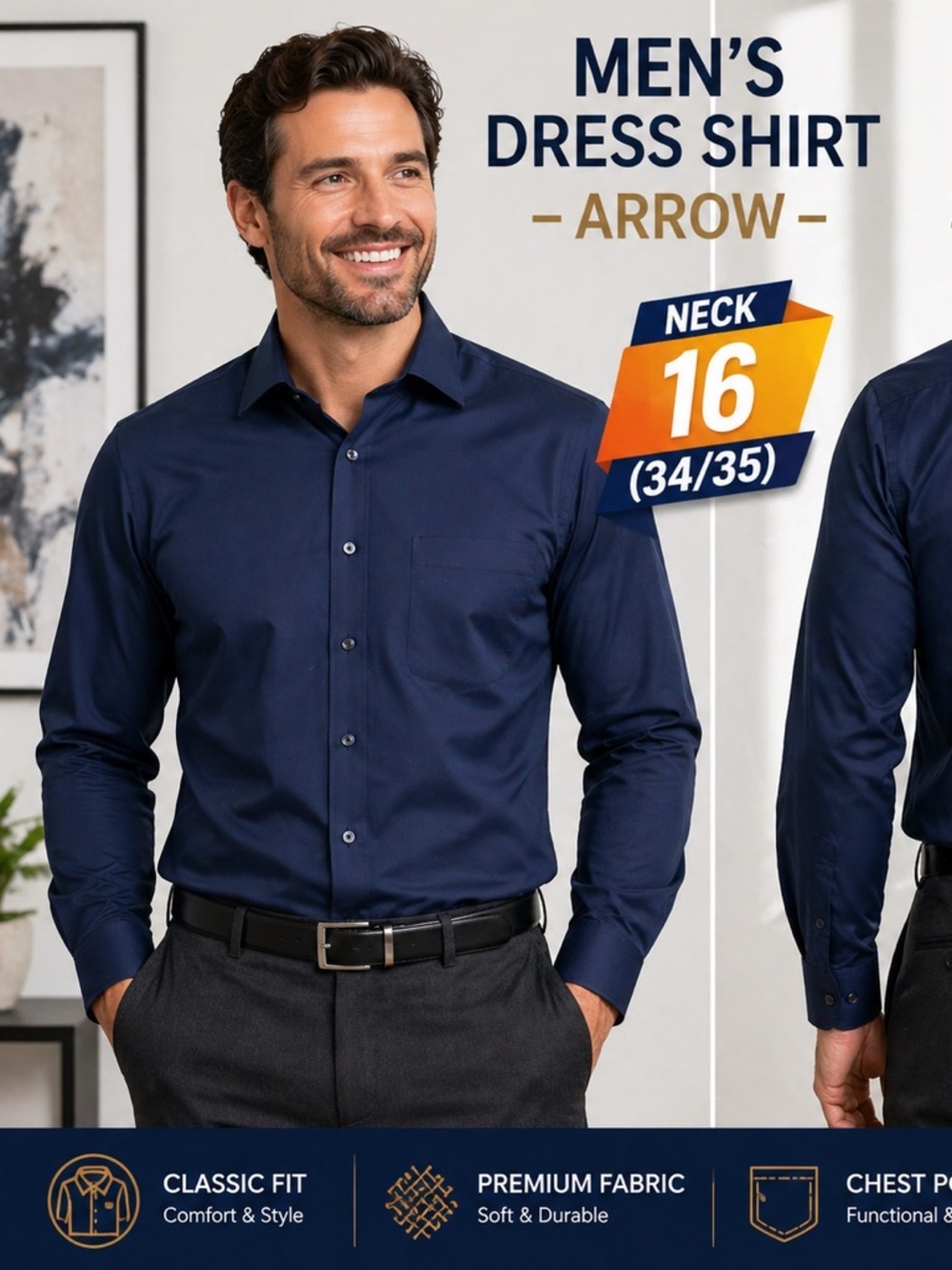 Arrow Men's Dark Navy Button-Front Dress Shirt 34/35